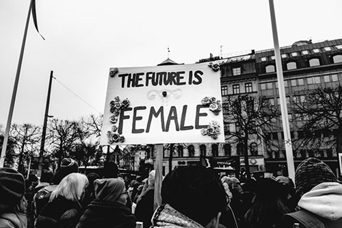 An image taken by Photographer Lindsey LaMont, the image includes people at a protest holding a sign that reads 'The Future is Female'